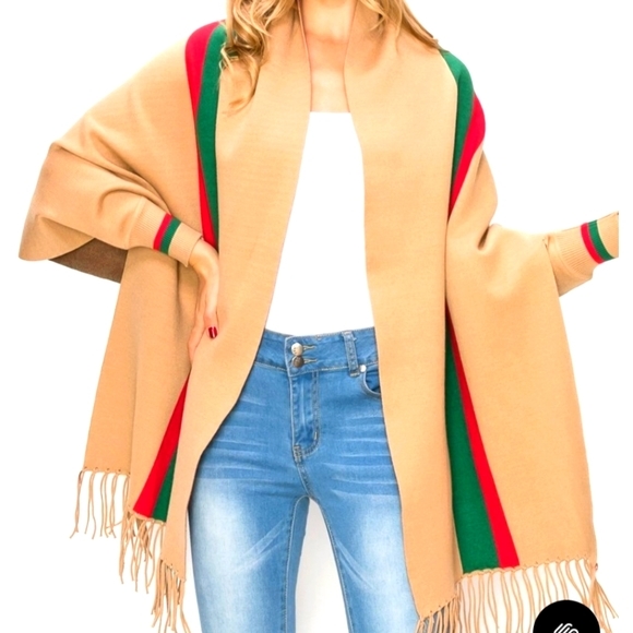 O Diva Sweaters - Womens Tan Taupe Fringed Poncho Cardigan Green Red Stripe